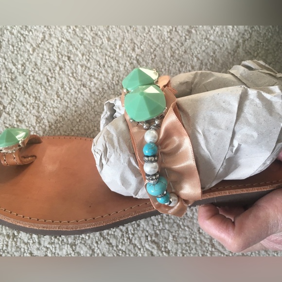 NWOT 🔺 LEATHER BEADED SANDALS Made in Greece - Picture 5 of 8